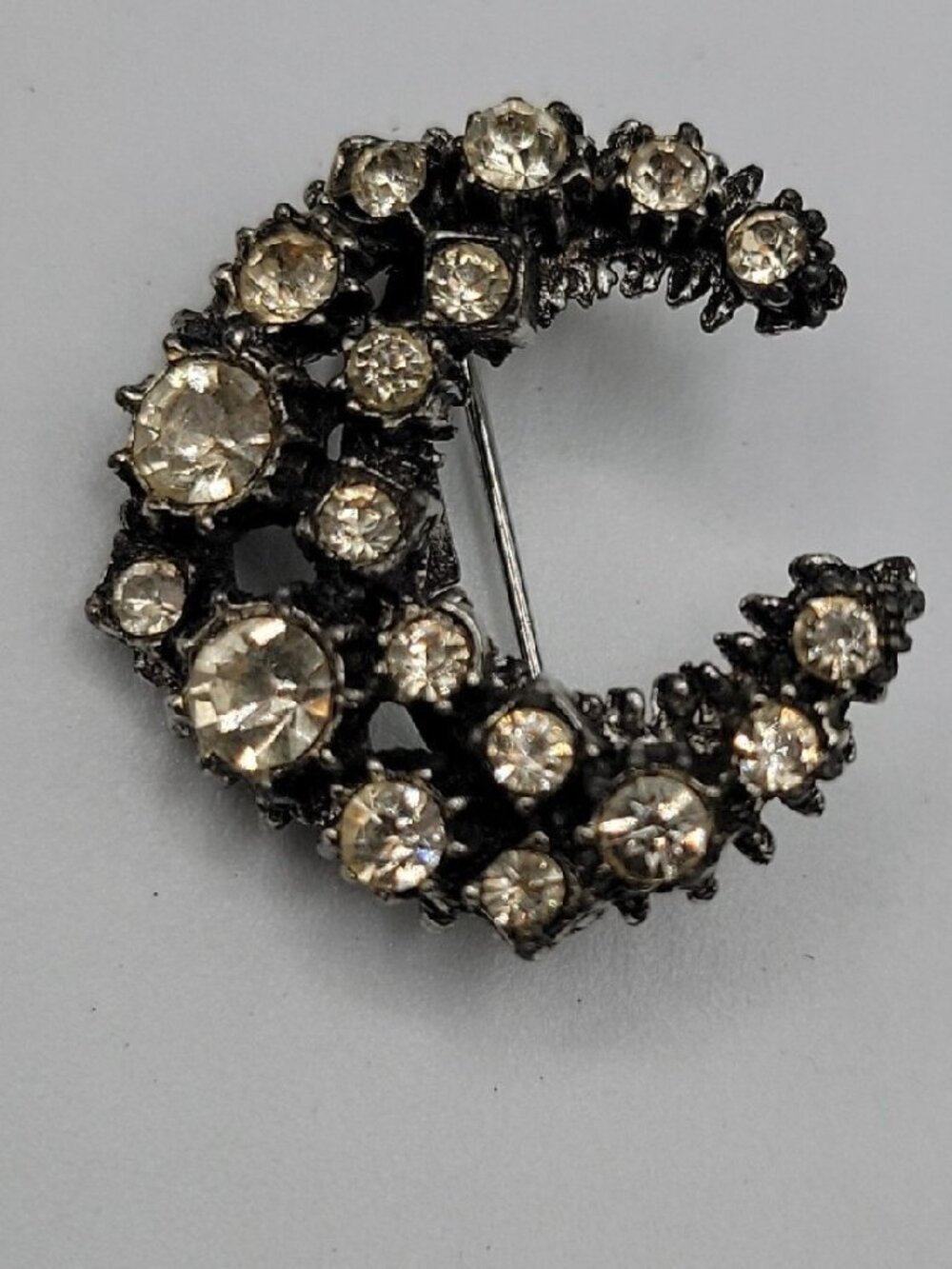 Vintage Clear Rhinestone Crescent Moon Brooch Pin Huge Sparkle Gun Metal Grey